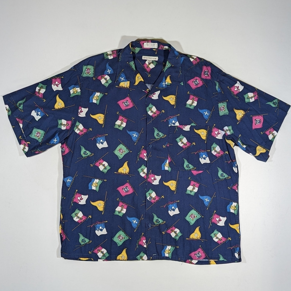 Vintage 80s Liz Claiborne AOP Flag Dress Shirt Men's Size Large Dark Blue